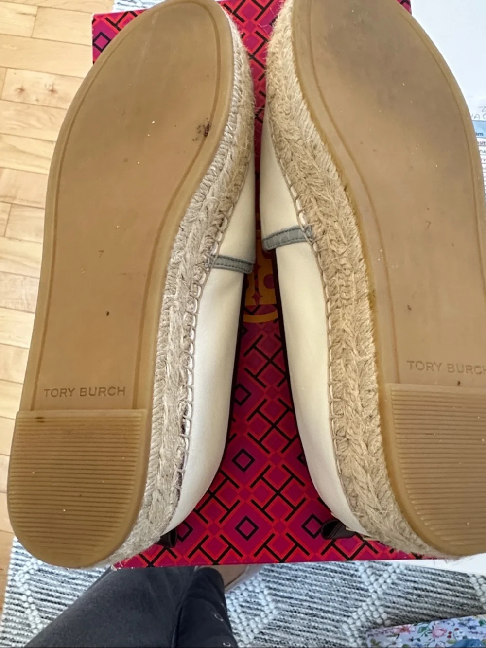 Tory Burch Cream Leather Espadrille Flats with Animal Appliqué